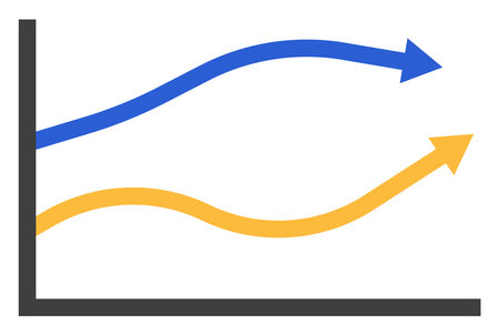 Yellow and blue arrows graph, illustration, vector on a white background.