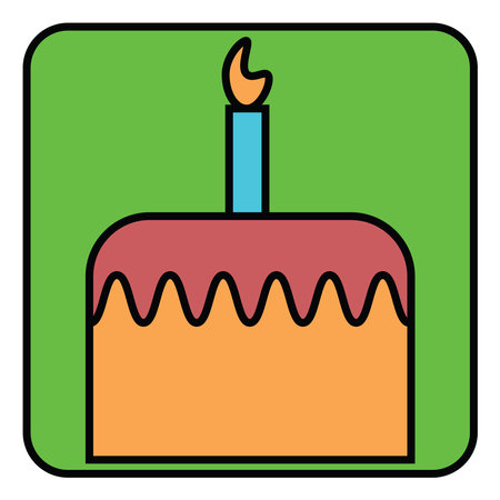 Birthday cake with burning candle, illustration, vector, on a white background.のイラスト素材