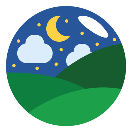 Young moon shinning over the green field, illustration, vector on a white background.のイラスト素材