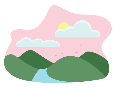 Nature with river, illustration, vector on a white background.のイラスト素材