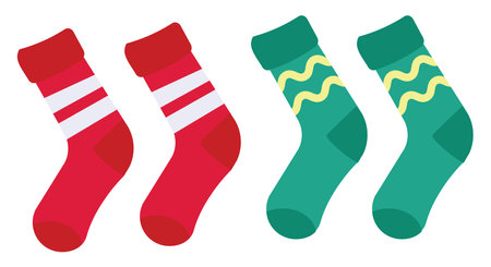Red and green socks, illustration, vector on a white background.のイラスト素材