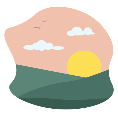 Rising sun in the field, illustration, vector on a white background.のイラスト素材