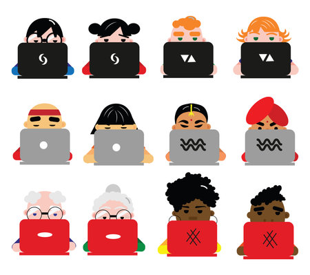 People using laptop, illustration, vector on a white background.のイラスト素材