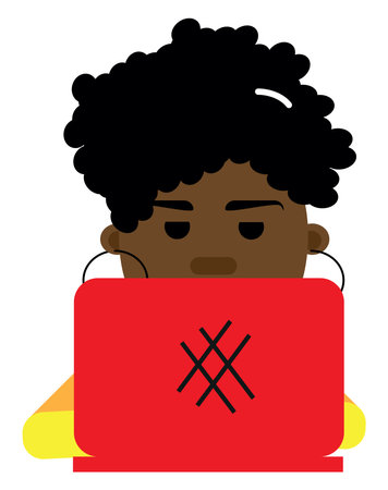 Amrican girl with red laptop, illustration, vector on a white background.のイラスト素材