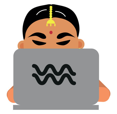 Indian woman with grey laptop, illustration, vector on a white background.のイラスト素材