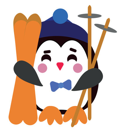 Penguin with skis, illustration, vector on a white background.のイラスト素材