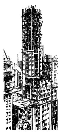 An incomplete skyscraper, with steel framework structure, vintage line drawing or engraving illustration.のイラスト素材