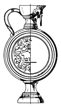 This Old German Lip-Spout Pitcher is made out of pottery that has been fired at high temperature. It has a disc shaped body with narrow neck and used for drinking, vintage line drawing or engraving illustration.のイラスト素材