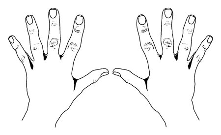 Close-up image of a hands with open palm, vintage line drawing or engraving illustration.のイラスト素材