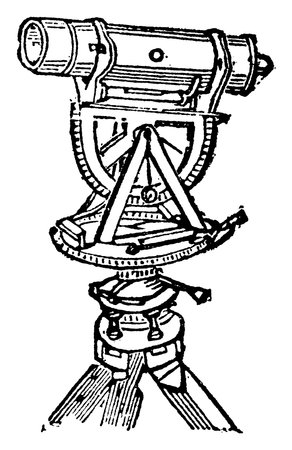 A theodolite is a precision optical instrument for measuring angles between designated visible points in the horizontal and vertical planes, vintage line drawing or engraving illustration.