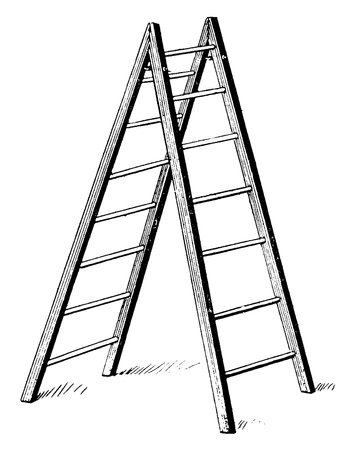 A typical representation of an open stepladder that is opened to form an isosceles triangle with the ground, vintage line drawing or engraving illustration.のイラスト素材