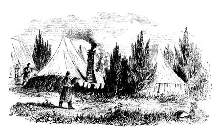 A person collecting and carrying woods towards his camp to burn it and warm up his camp, vintage line drawing or engraving illustration.のイラスト素材