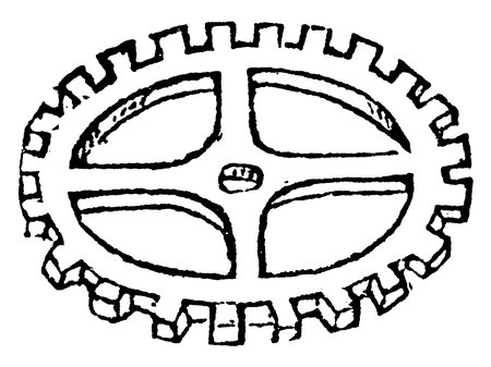 A wheel having teeth projecting radially from the circumference, vintage line drawing or engraving illustration.のイラスト素材