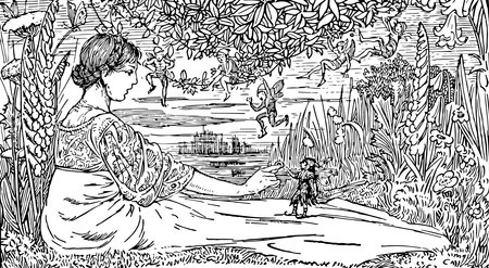 Elfin Grove, this scene shows a female sitting under tree and touching tiny humans with wings, many tiny humans with wings sitting on tree, vintage line drawing or engraving illustrationのイラスト素材