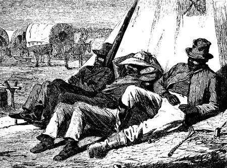 Three men laying against canvas, vintage line drawing or engraving illustrationのイラスト素材