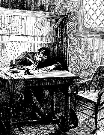Mr. Pickwick, this scene shows a man sitting on chair near table, he is writing on paper kept on table, lighting candle and ink bottle kept on table, vintage line drawing or engraving illustrationのイラスト素材