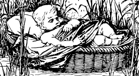 Child in basket floating down the river, vintage line drawing or engraving illustration.のイラスト素材