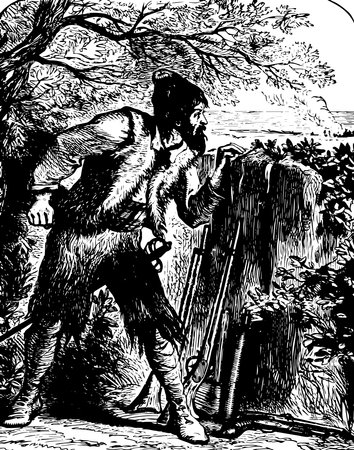 Robinson in his fort, this scene shows a man standing with guns in his fort and looking at sea, vintage line drawing or engraving illustrationのイラスト素材