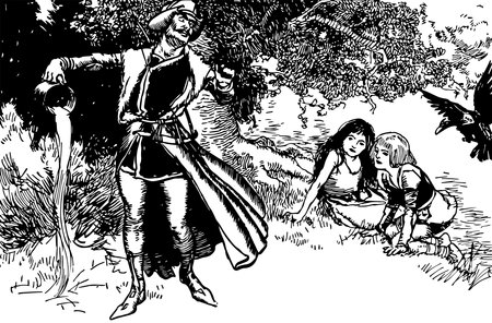Grey and White Castles, this scene shows a man dropping water on ground from jar and two seated girls looking at him, birds and trees in background, vintage line drawing or engraving illustrationのイラスト素材