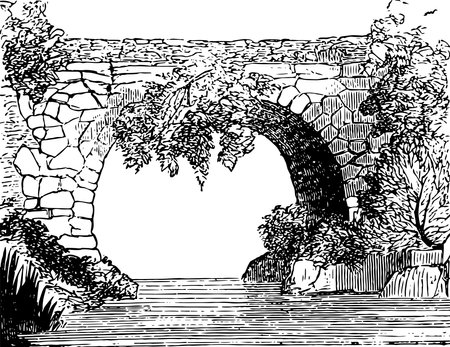 Bridge, Ancient bridge in Laconia, the southeastern part of the Peloponnese peninsula, the Archaic to Byzantine Periods, vintage line drawing or engraving illustration.のイラスト素材