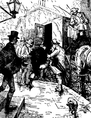 Mr. Pickwick, this scene shows a man trying to get into buggy, other men standing near him, vintage line drawing or engraving illustrationのイラスト素材