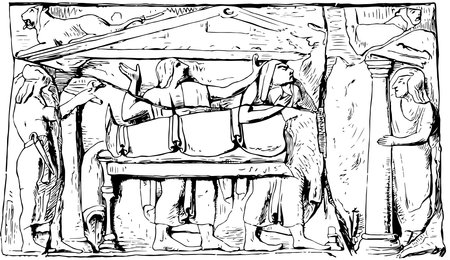 Etruscan relief of sculpture which have come down to us are the stone reliefs of tombstones, vintage line drawing or engraving illustration.のイラスト素材