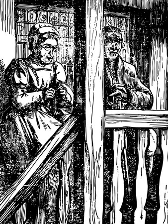 The Old Gravestone, this scene shows an old man and old woman sitting outside of house, vintage line drawing or engraving illustrationのイラスト素材