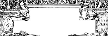 Girl and Boy reading book in this frame, vintage line drawing or engraving illustration.のイラスト素材