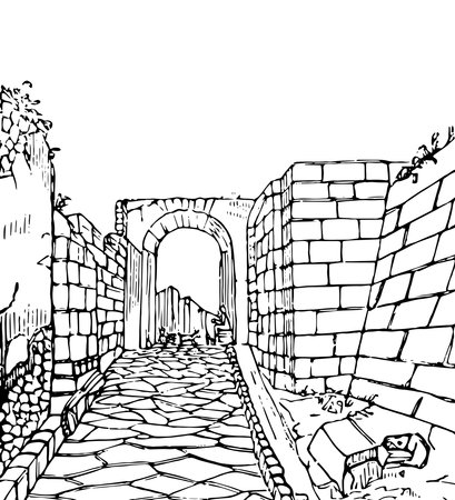Pompeii, a view of a portion of the paved street, upper surface consists of large polygonal blocks, vintage line drawing or engraving illustration.のイラスト素材