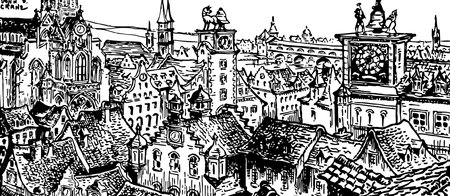 The Clocks of Rondaine, this picture shows various buildings and clocks on buildings, vintage line...