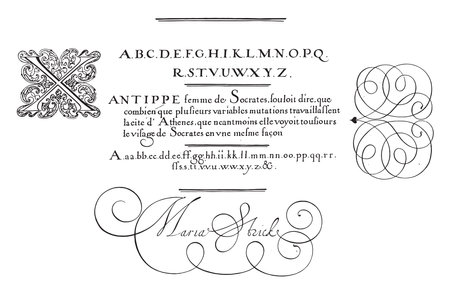 Writing example with capital X, Hans Strick, 1618 Writing example with capital X and four lines of text in French, vintage engraving.のイラスト素材