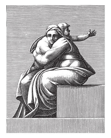 Seated Woman with Child, Adamo Scultori, after Michelangelo, 1585, vintage engraving.のイラスト素材
