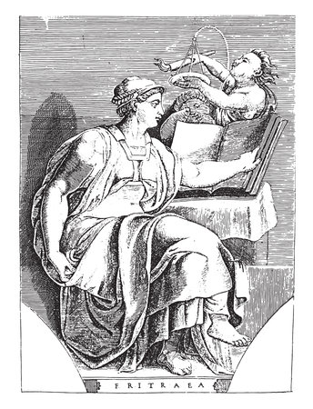 Sibyl of Erythrae, Adamo Scultori, after Michelangelo, 1585 The Sibyl of Erythrae with book and naked figures, vintage engraving.のイラスト素材