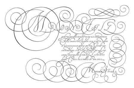 Writing example with capital M, Hans Strick, 1618 Writing example in French with capital M and seven lines of text, vintage engraving.のイラスト素材