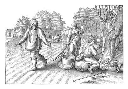Sowing in the fields, A man sprinkles his field with seed. A woman rakes the seeds into the ground. Another man warms himself on a fire under a tree, vintage engraving.の写真素材