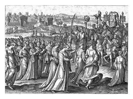 After David's victory over Goliath and the Philistines, King Saul and David were received by the women of Israel singing, vintage engraving.の写真素材
