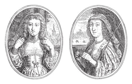 Two depictions on an album page. Portraits of two unknown women, with shepherd's staff, vintage engraving.のイラスト素材