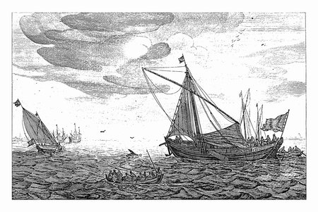 Zeeland cogs, Robert de Baudous (possibly), after Jan Porcellis, 1670 - 1726 Zeeland cogs or cog ships on the water, vintage engraving.の写真素材