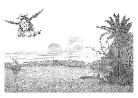 View of Paraiba, c. 1636-1644, In the air a winged banderole with the title and a coat of arms with six mountains or baskets, vintage engraving.の写真素材