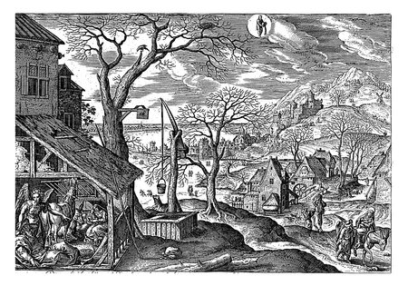Above center the sign of the zodiac Aquarius. In the bottom left corner the stable where Joseph and his family are sleeping, vintage engraving.の写真素材