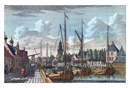 View of the harbor of Lemmer, vintage engraving.の写真素材