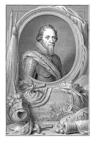 Portrait of Maurits in an oval with edge lettering. There are a number of allegorical objects around it, including a scepter, laurel wreath, wall crown, helmet, sword and cannon.の写真素材