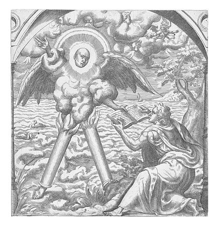 An angel with a rainbow around his head and legs like pillars of fire descends from heaven. His right foot is on land and his left foot on the seaの写真素材