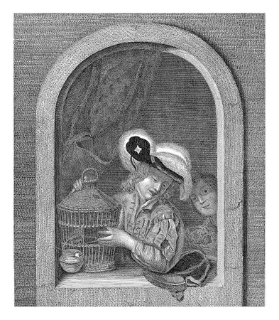 Boy with empty birdcage turned head to second boy with bird's nest in window.の写真素材