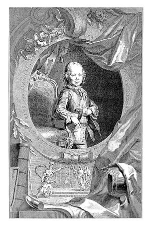Portrait of Willem V in an oval with edge lettering. There are a number of allegorical objects around it, including a helmet and a book. An allegorical representation on the relief.の写真素材