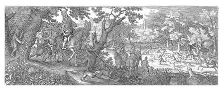 A gentleman on horseback rides with his servants and dogs on a forest path. One of the servants lashes out with a stick at a rabbit on the side of the road.の写真素材