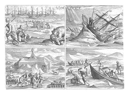 Sheet with four copies after the original illustrations in the travelogue of Willem Barendsz and Jacob van Heemskerck's journey in 1596-1597の写真素材