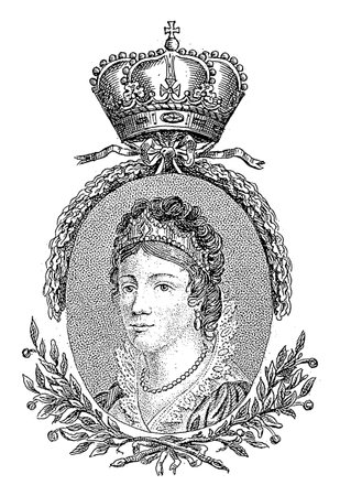 Portrait of Wilhelmina in an oval with laurel leaves. Center above a crown. In the bottom margin her name and title.の写真素材