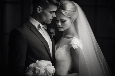 The newlyweds bask in each other's presence, the world fading as a spotlight shines. This moment of love will stay etched in their hearts forever.の素材