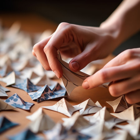 Precision and grace come together as skilled fingers delicately fold origami. The intricate design emerges, each piece placed just so.の素材